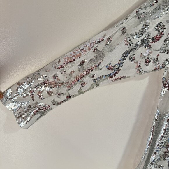 Anna Kaci Kimono L Cardigan Duster Silver Sequins Sheer Party Holiday Sexy - Picture 6 of 12